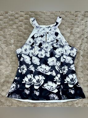 White House Black Market Floral Halter Blouse Top Size 12 Black White Keyhole
